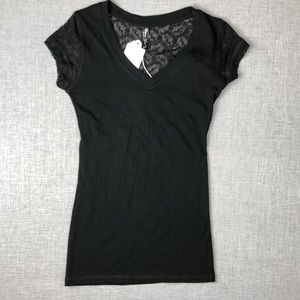 Black Lace Trim Short Sleeve Tee Shirt Size Small